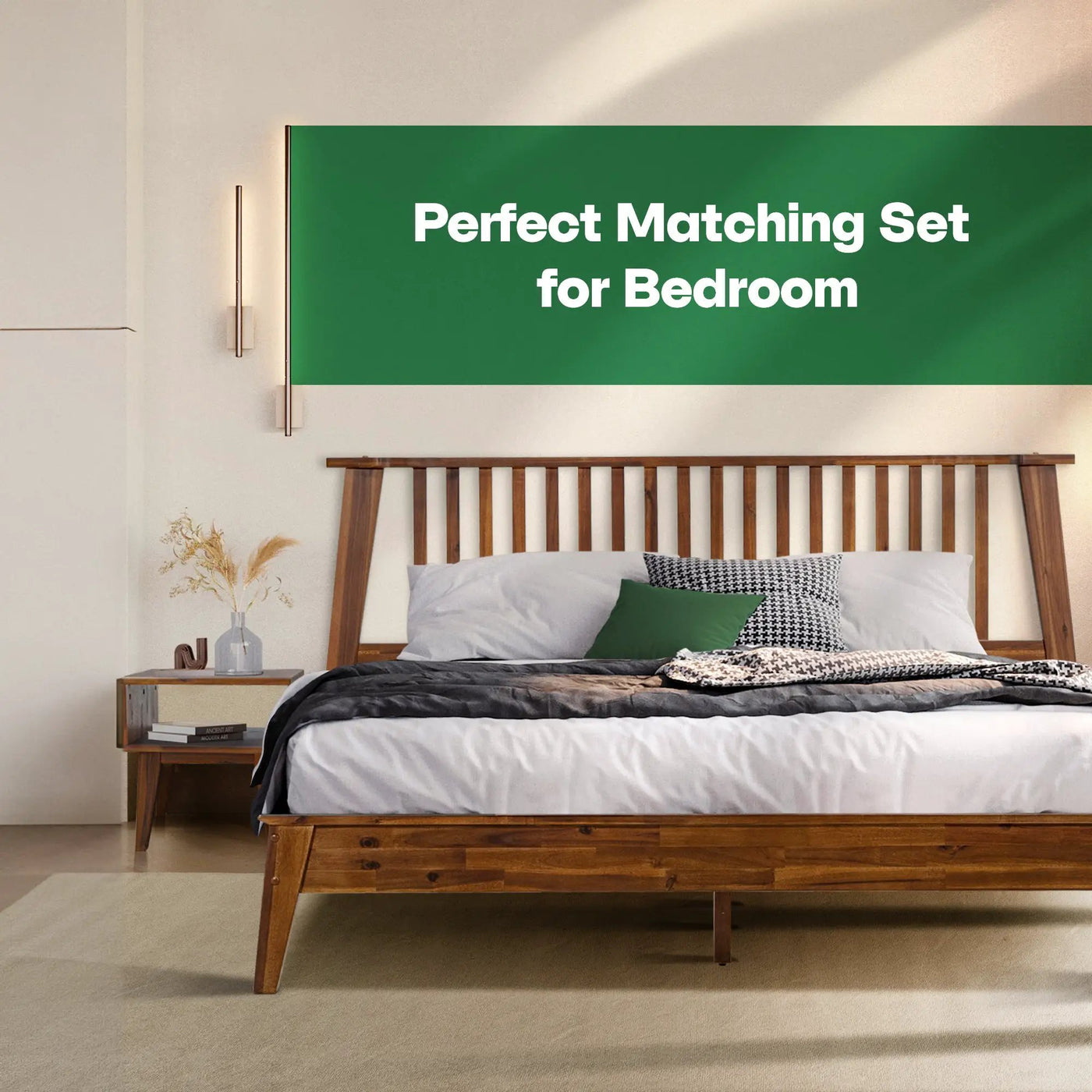 [Buy 1 Get 1] Kaylin Solid Wood Bed Frame & Nightstand by Megsu