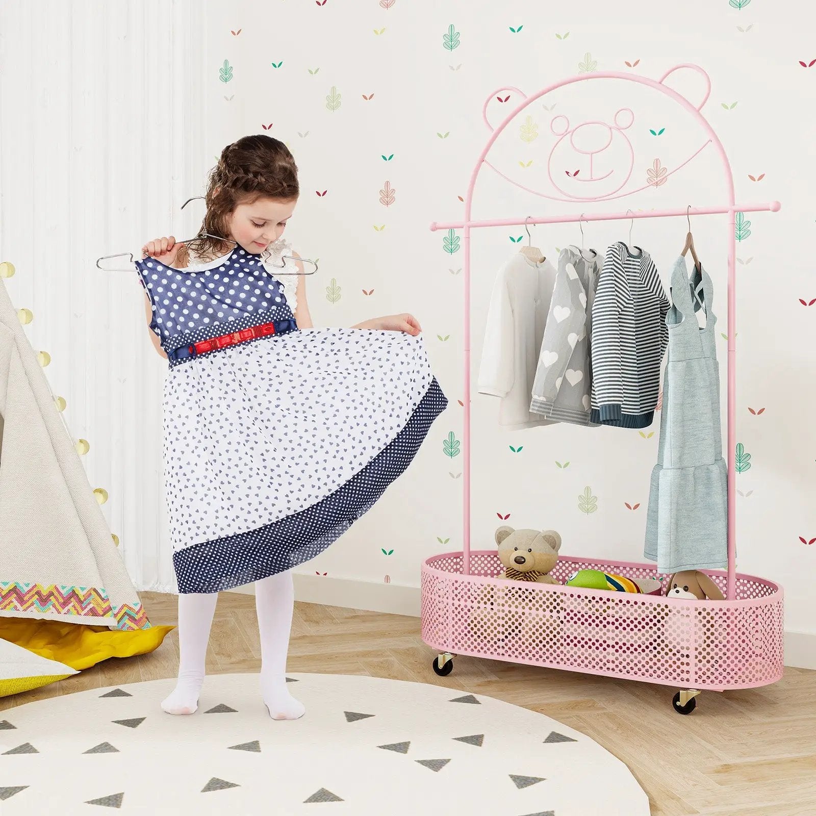 Kid Clothes Rack with 3 Adjustable Heights and Wheels by DirectDeals