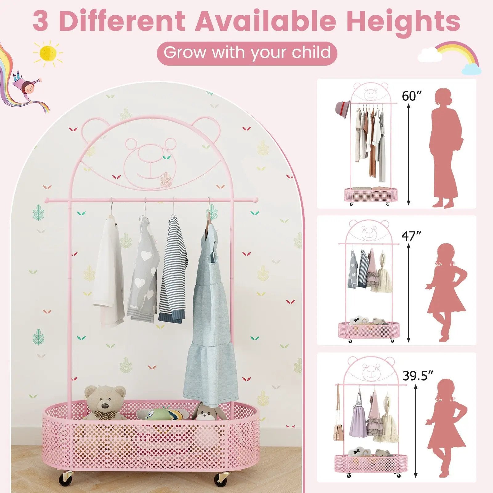 Kid Clothes Rack with 3 Adjustable Heights and Wheels by DirectDeals