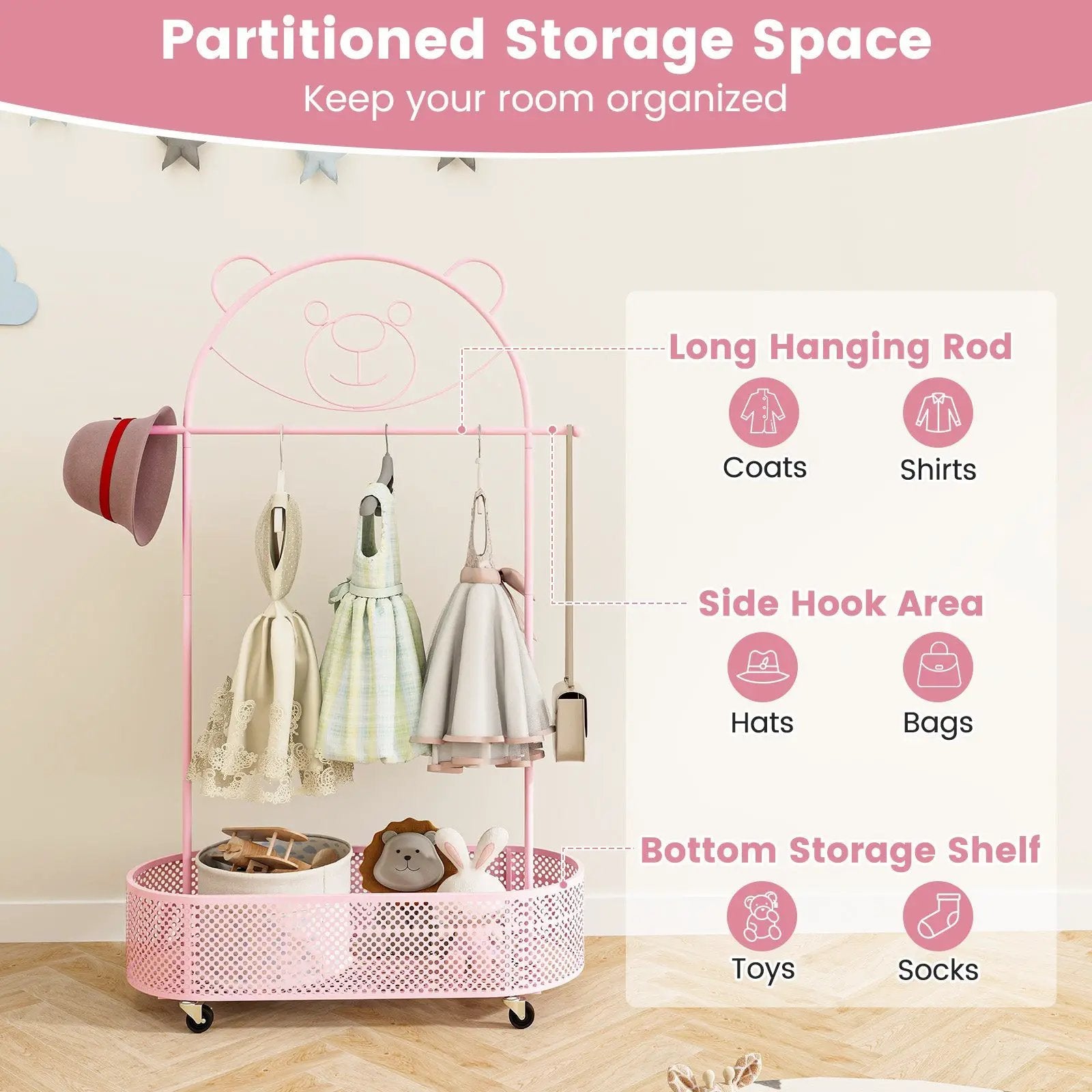 Kid Clothes Rack with 3 Adjustable Heights and Wheels by DirectDeals