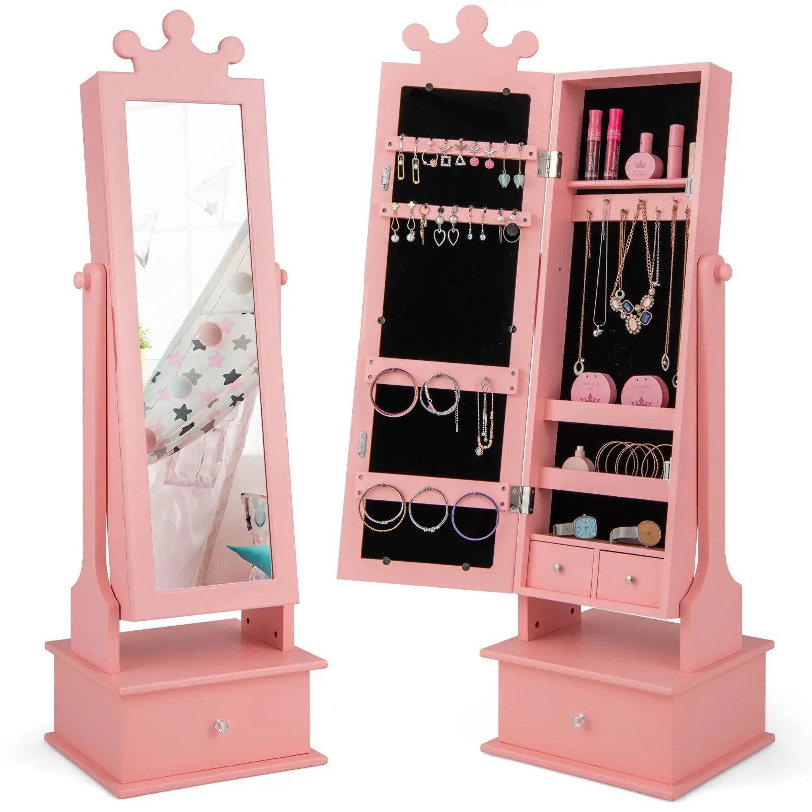 2-in-1 Kids Play Jewelry Armoire with Full Length Mirror and Drawers by DirectDeals