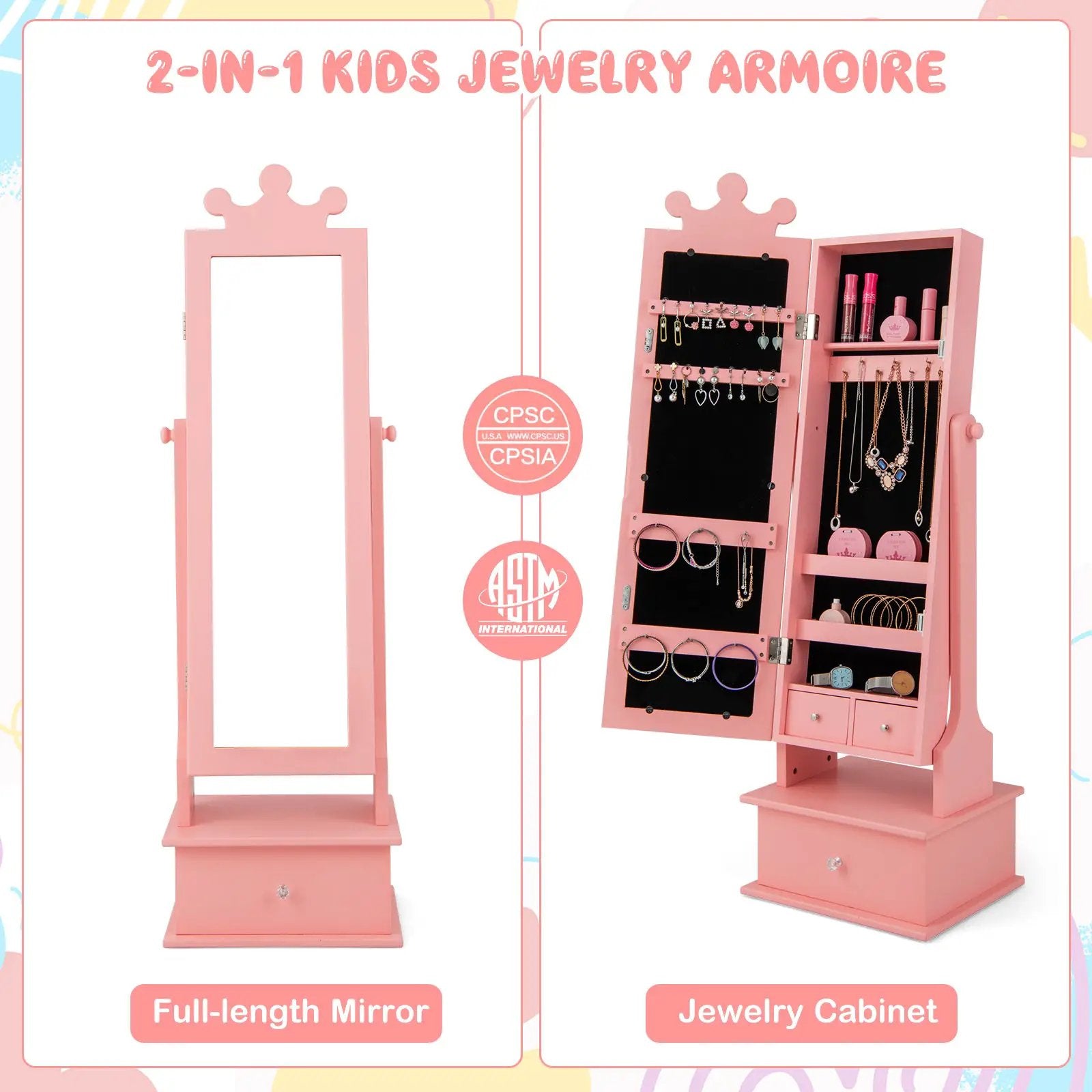 2-in-1 Kids Play Jewelry Armoire with Full Length Mirror and Drawers by DirectDeals