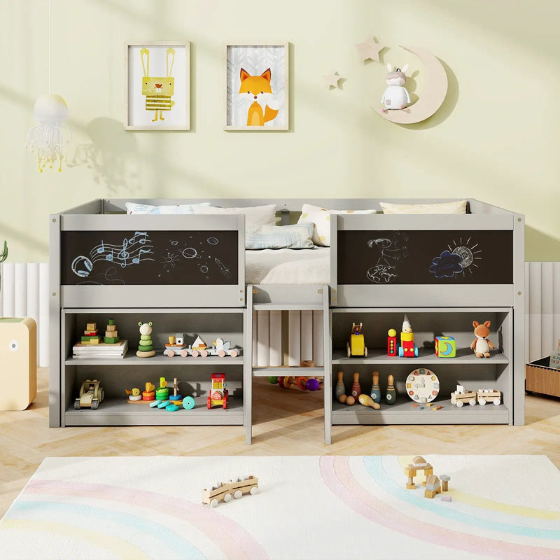 Kid Twin Size Low Loft Bed with Chalkboard Ramp Ladder and Bookcases by DirectDeals