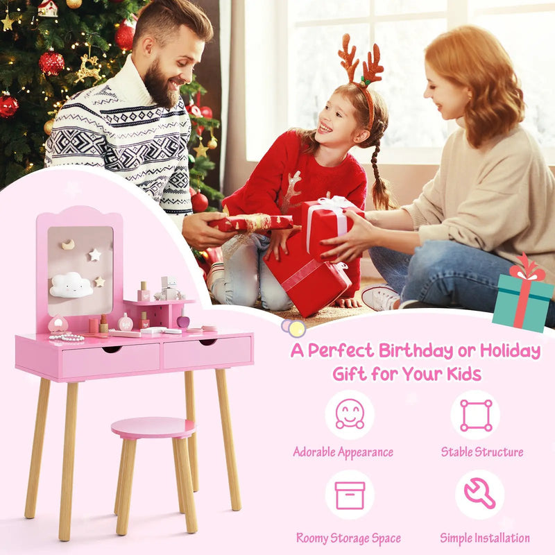 Kid Vanity Table Chair Set with Mirror and 2 Large Storage Drawers by DirectDeals
