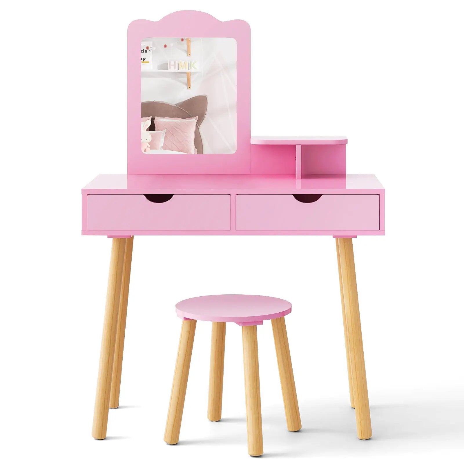 Kid Vanity Table Chair Set with Mirror and 2 Large Storage Drawers by DirectDeals