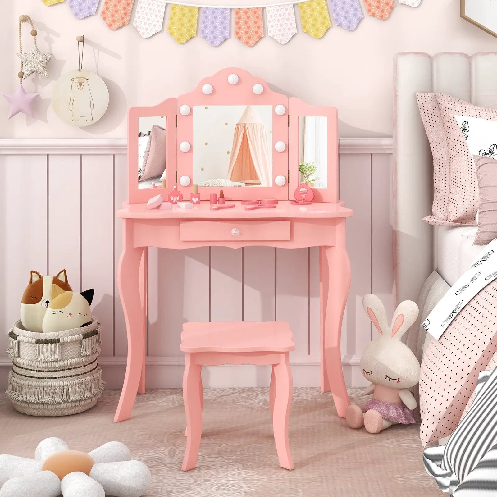 Kid Vanity Table Stool Set with Tri-Folding Mirror and 3-Color LED Lights by DirectDeals