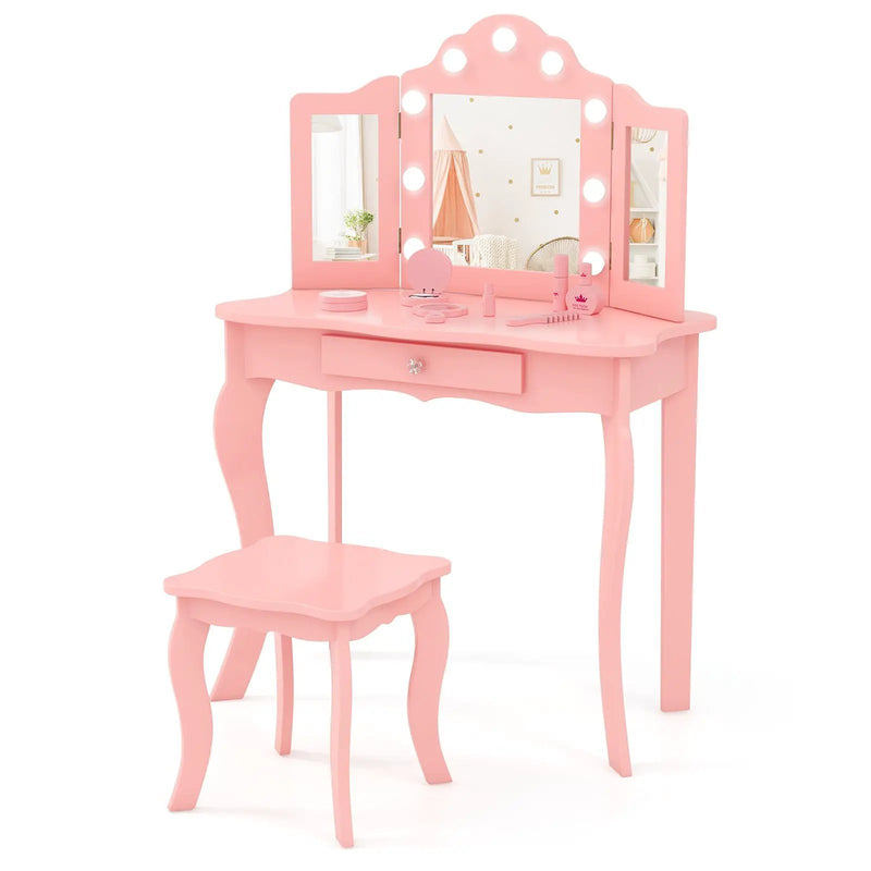 Kid Vanity Table Stool Set with Tri-Folding Mirror and 3-Color LED Lights by DirectDeals