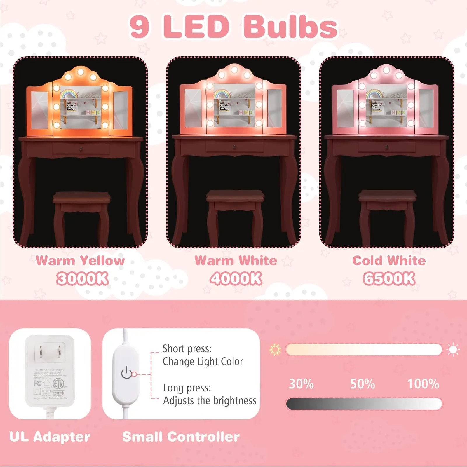 Kid Vanity Table Stool Set with Tri-Folding Mirror and 3-Color LED Lights by DirectDeals