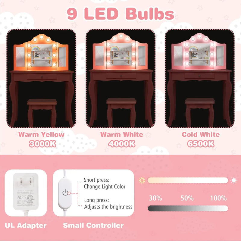 Kid Vanity Table Stool Set with Tri-Folding Mirror and 3-Color LED Lights by DirectDeals
