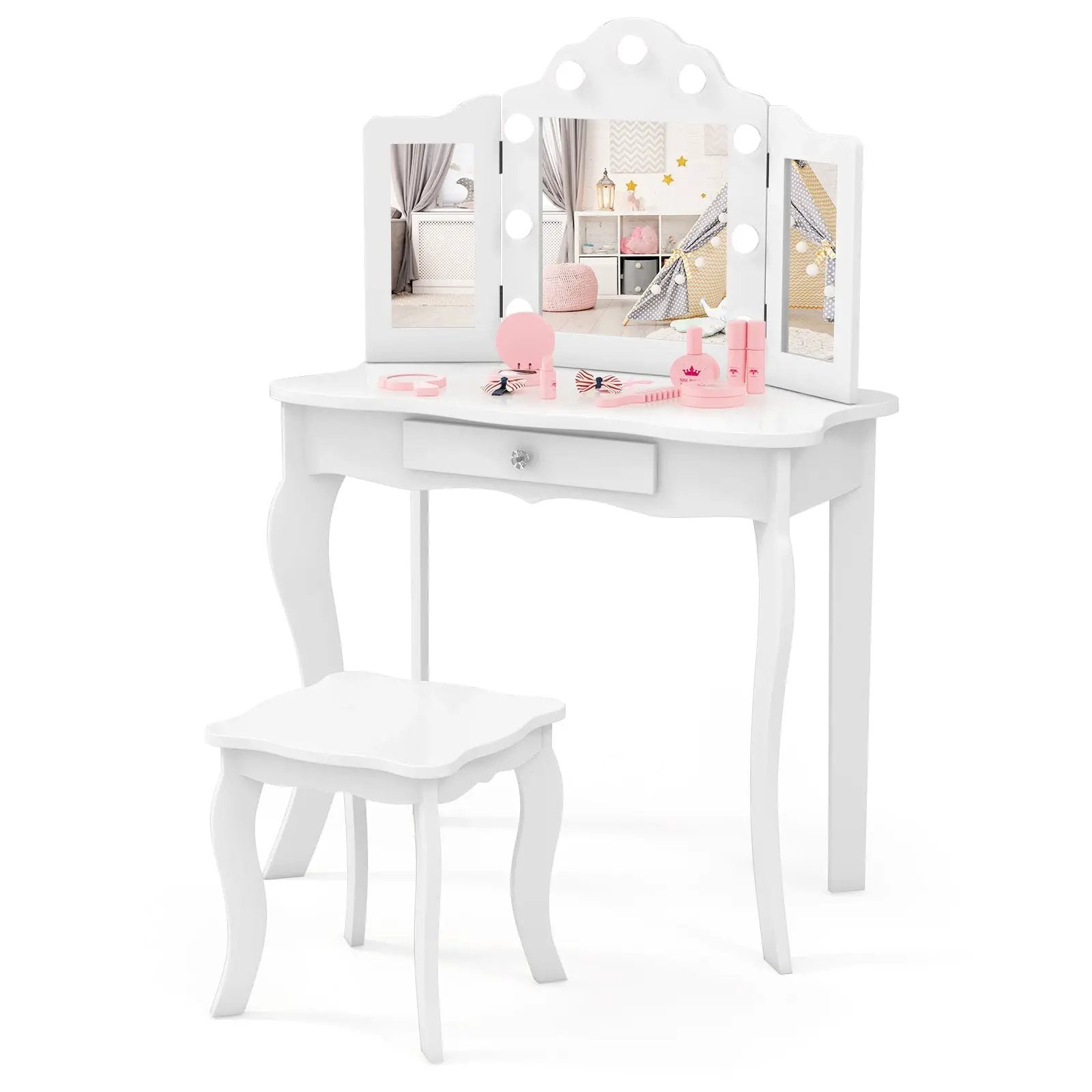 Kid Vanity Table Stool Set with Tri-Folding Mirror and 3-Color LED Lights by DirectDeals