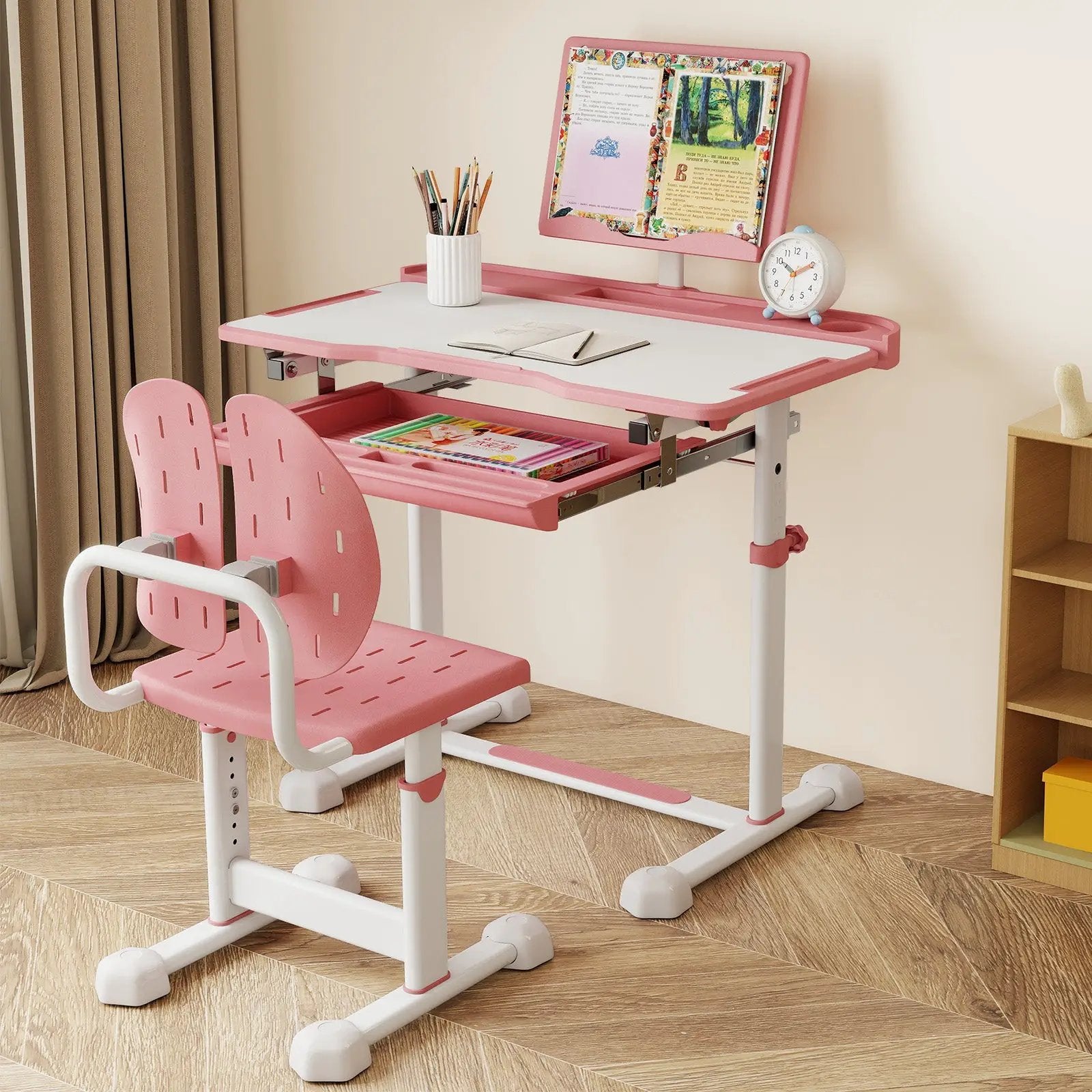 Kid's Study Desk and Chair Set with Tilt Desktop and Book Stand by DirectDeals