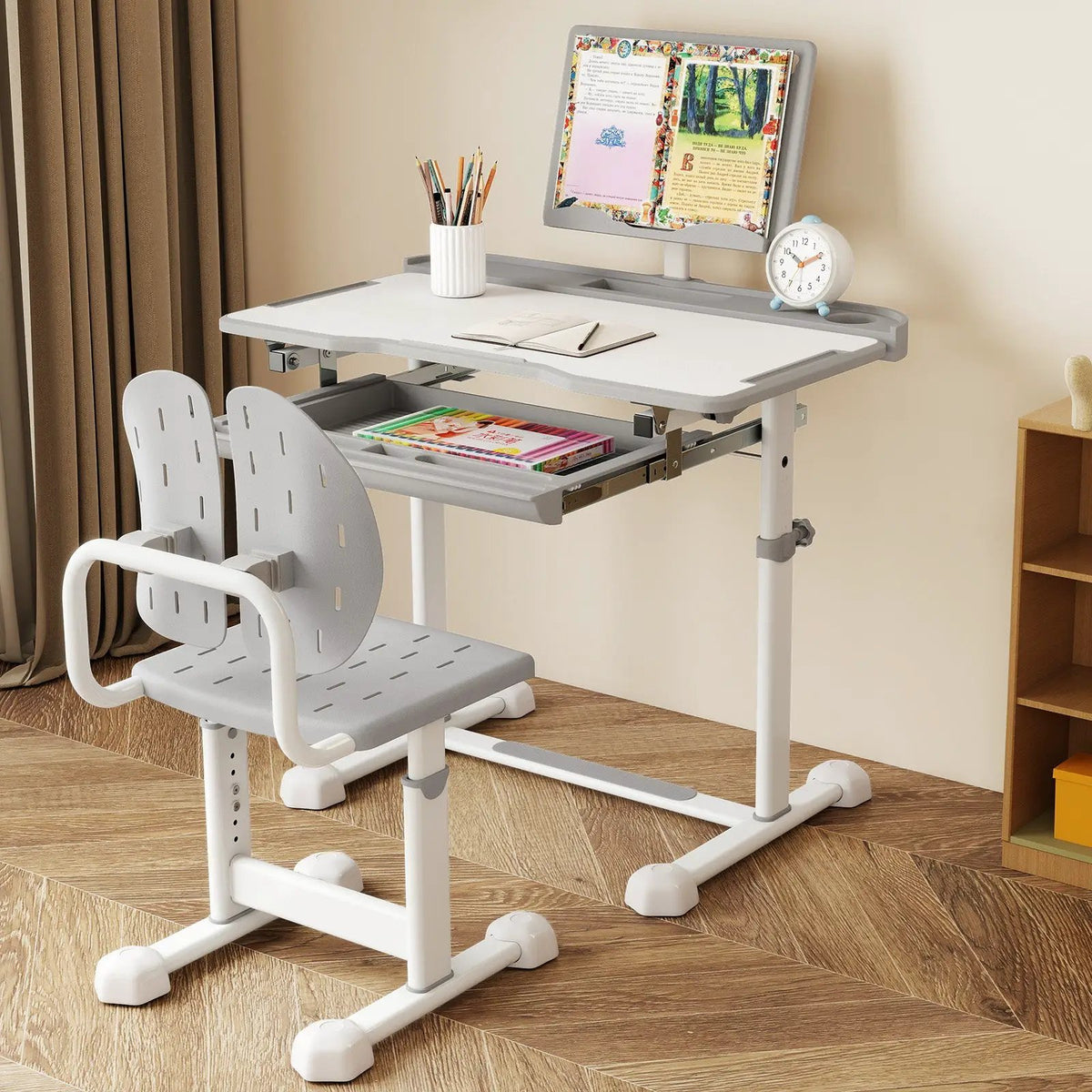 Kid's Study Desk and Chair Set with Tilt Desktop and Book Stand