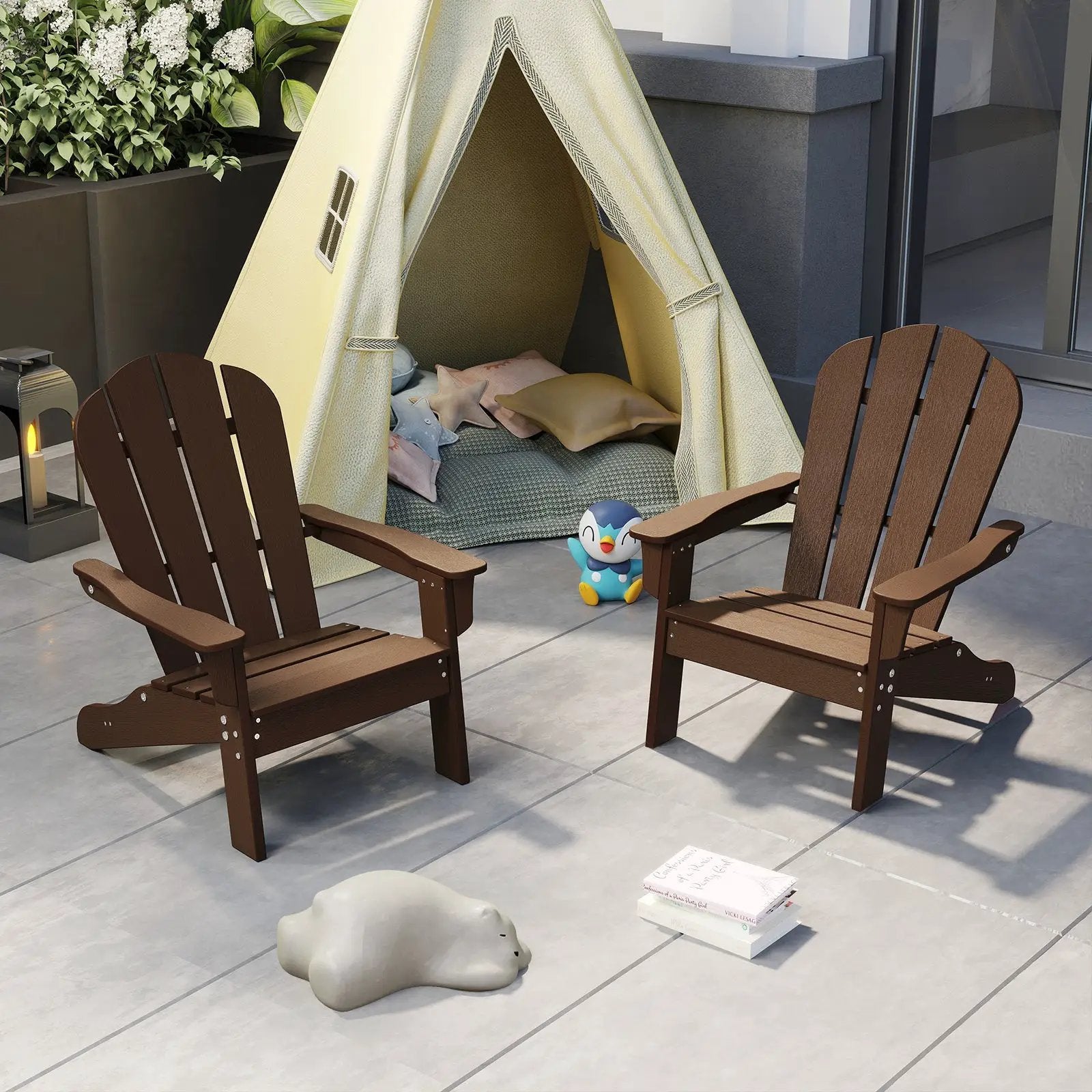All-Weather HDPE Kid's Adirondack Chair with with High Backrest and Armrests-Brown by DirectDeals