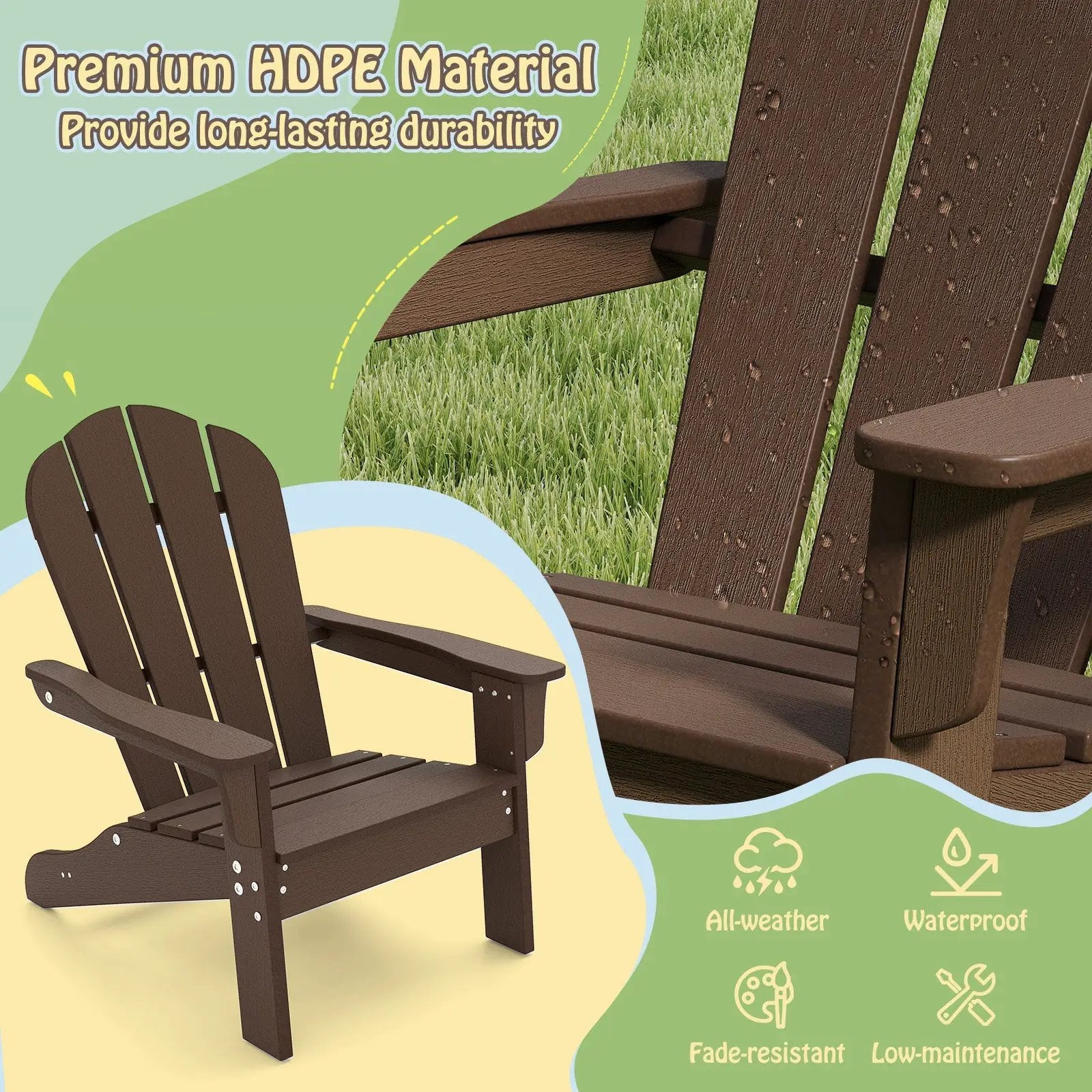 All-Weather HDPE Kid's Adirondack Chair with with High Backrest and Armrests-Brown by DirectDeals
