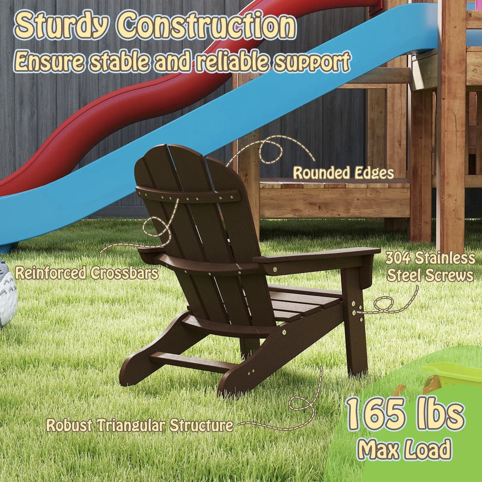 All-Weather HDPE Kid's Adirondack Chair with with High Backrest and Armrests-Brown by DirectDeals