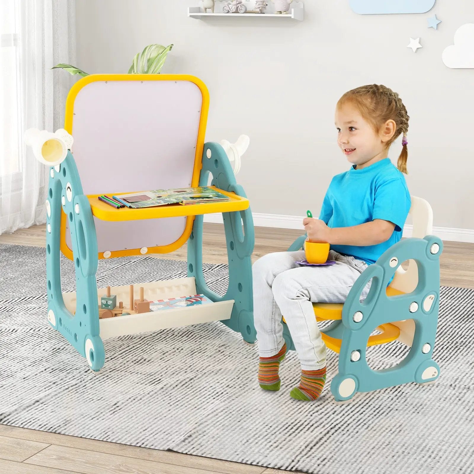 Kids Art Easel with Chair and 3-Level Adjustable Whiteboard-Multicolor by DirectDeals