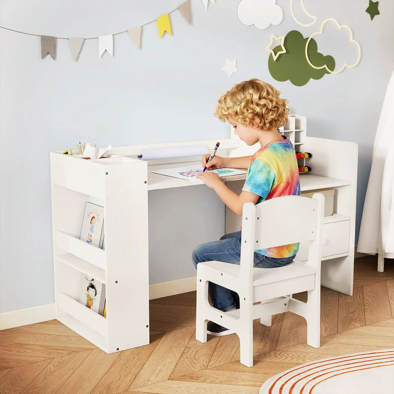 Kids Art Table and Chair Set with Detachable Paper Roll Holder and Cabinet by DirectDeals