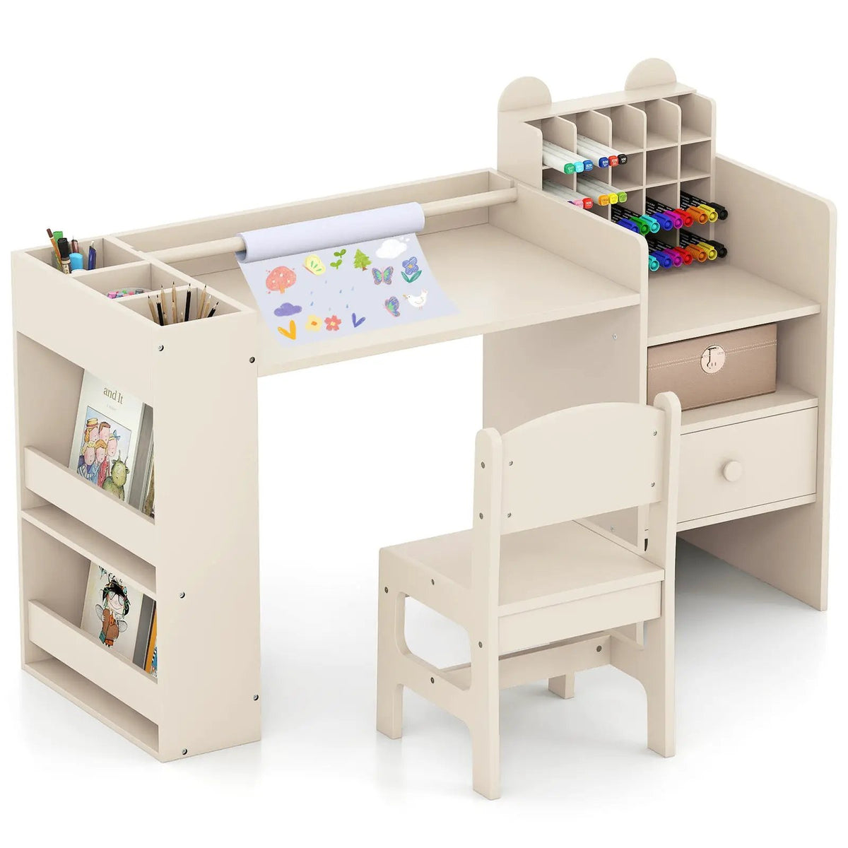Kids Art Table and Chair Set with Detachable Paper Roll Holder and Cabinet, photo 8 of 16