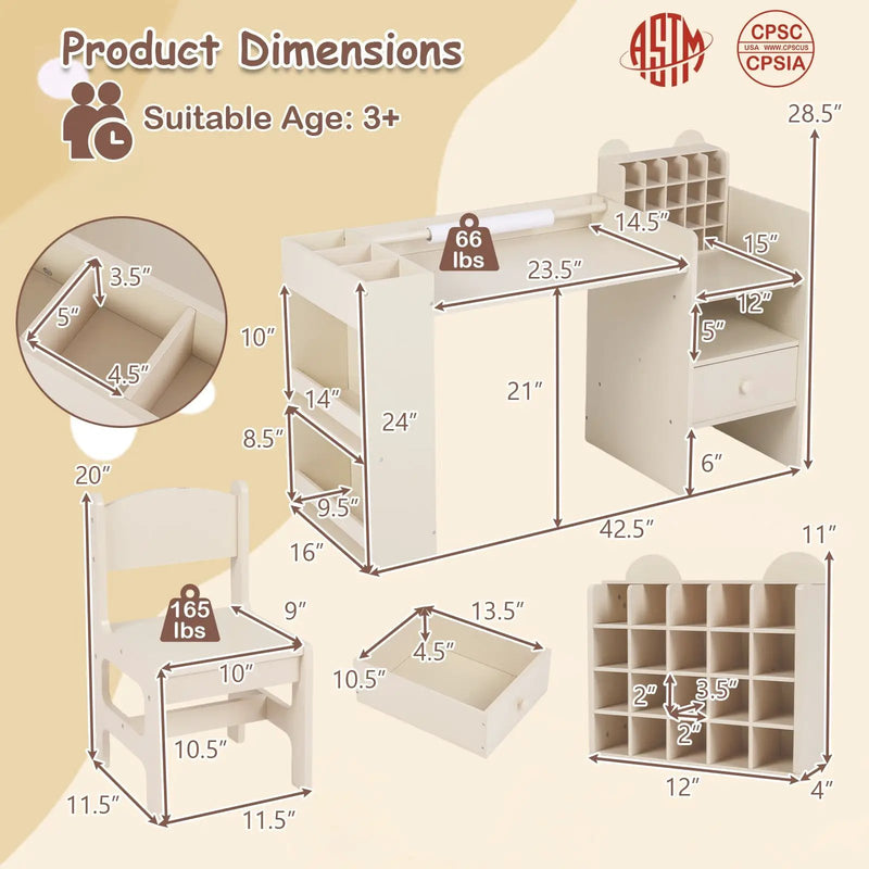 Kids Art Table and Chair Set with Detachable Paper Roll Holder and Cabinet by DirectDeals