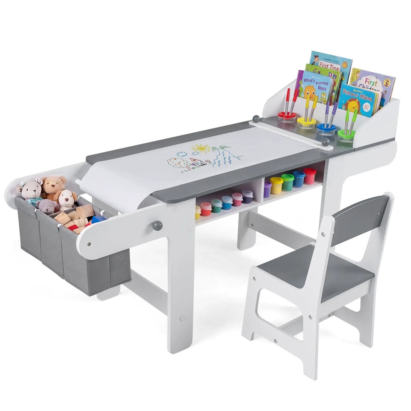 Kids Art Table and Chair with Paper Roll and Fabric Bins for Drawing Reading Studying Playing-Gray by DirectDeals