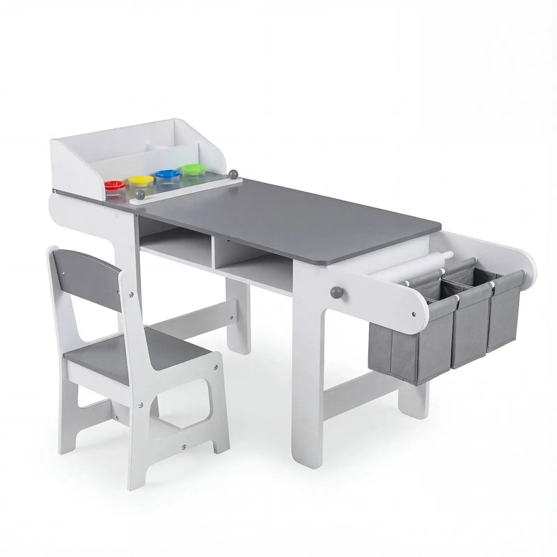 Kids Art Table and Chair with Paper Roll and Fabric Bins for Drawing Reading Studying Playing-Gray by DirectDeals