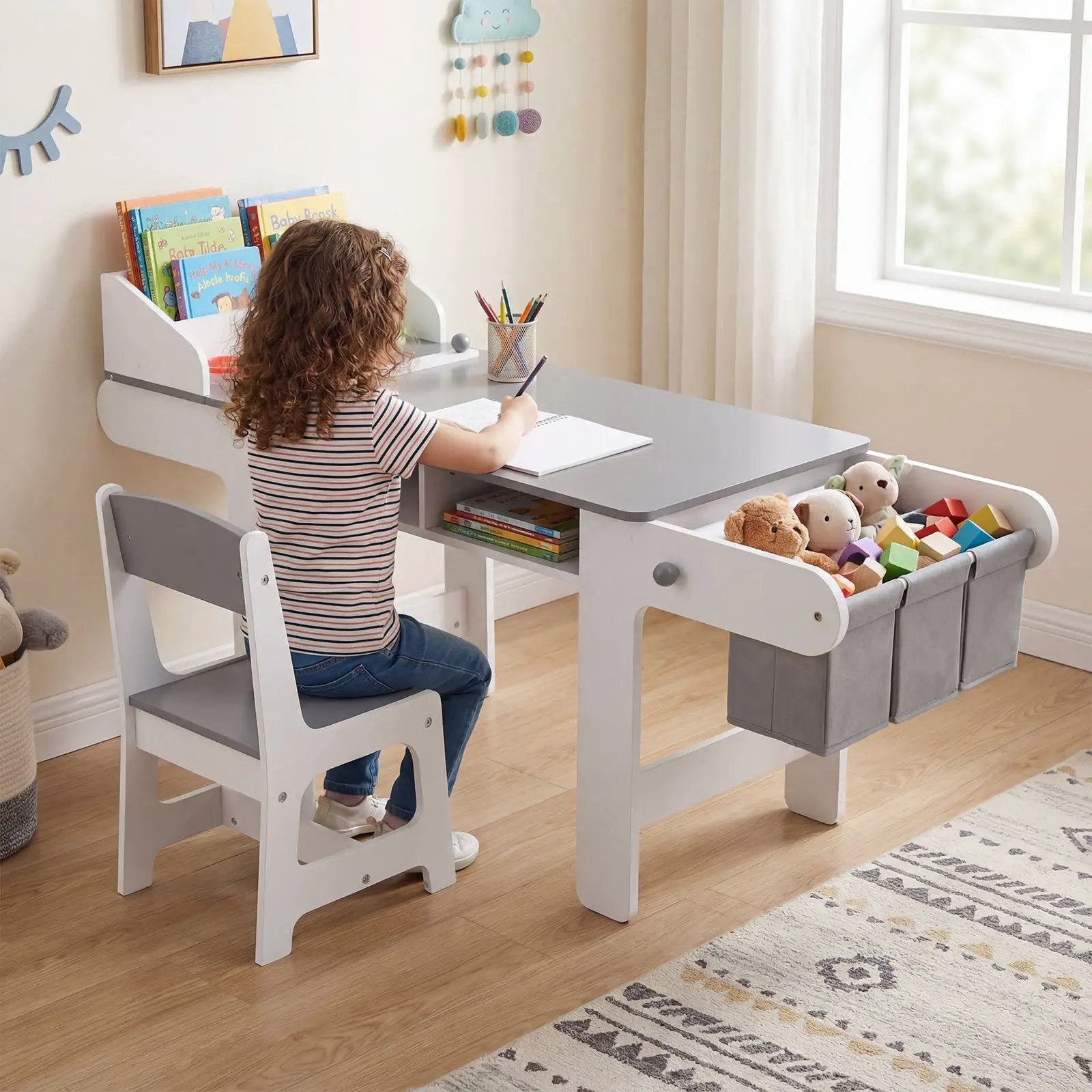 Kids Art Table and Chair with Paper Roll and Fabric Bins for Drawing Reading Studying Playing-Gray by DirectDeals