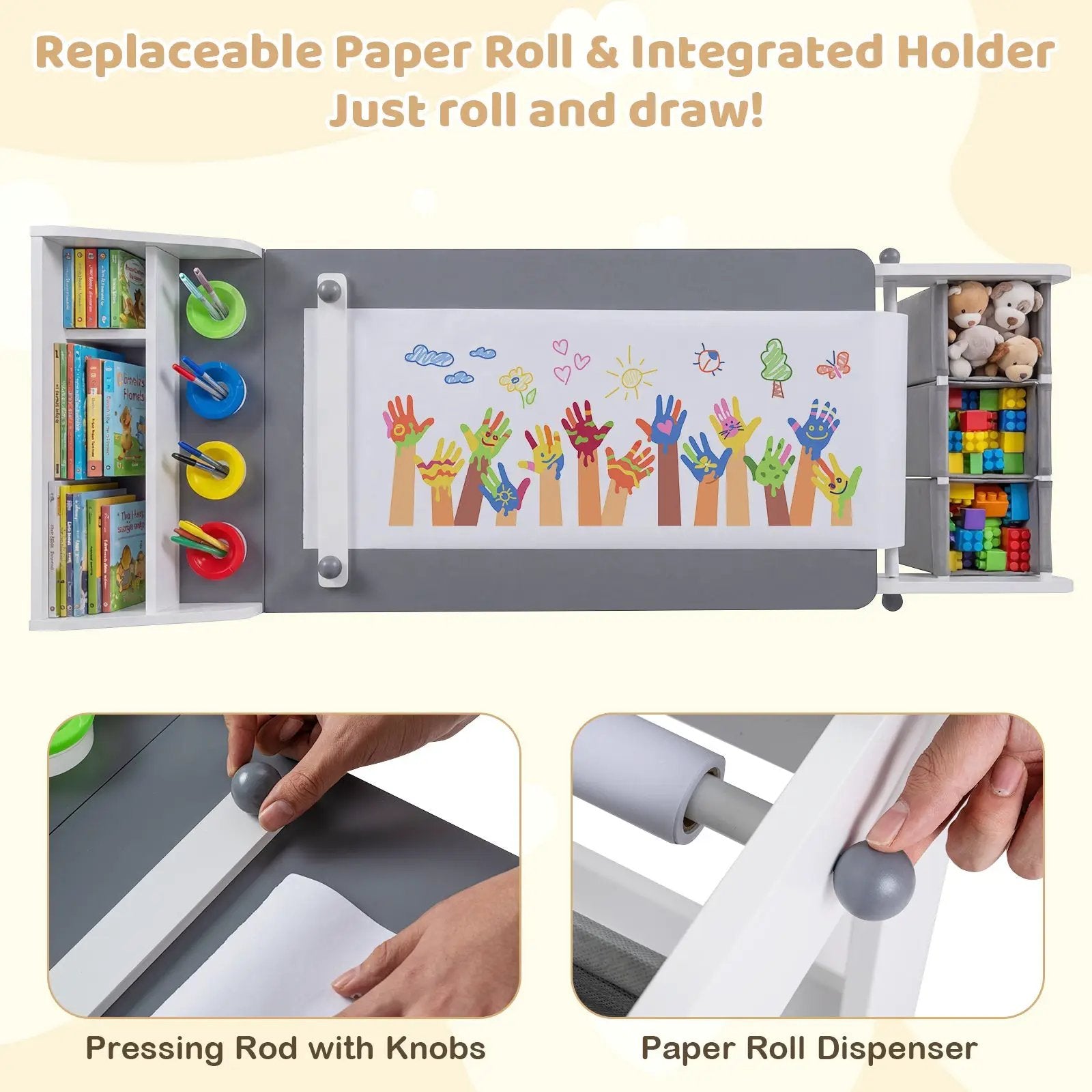 Kids Art Table and Chair with Paper Roll and Fabric Bins for Drawing Reading Studying Playing-Gray by DirectDeals