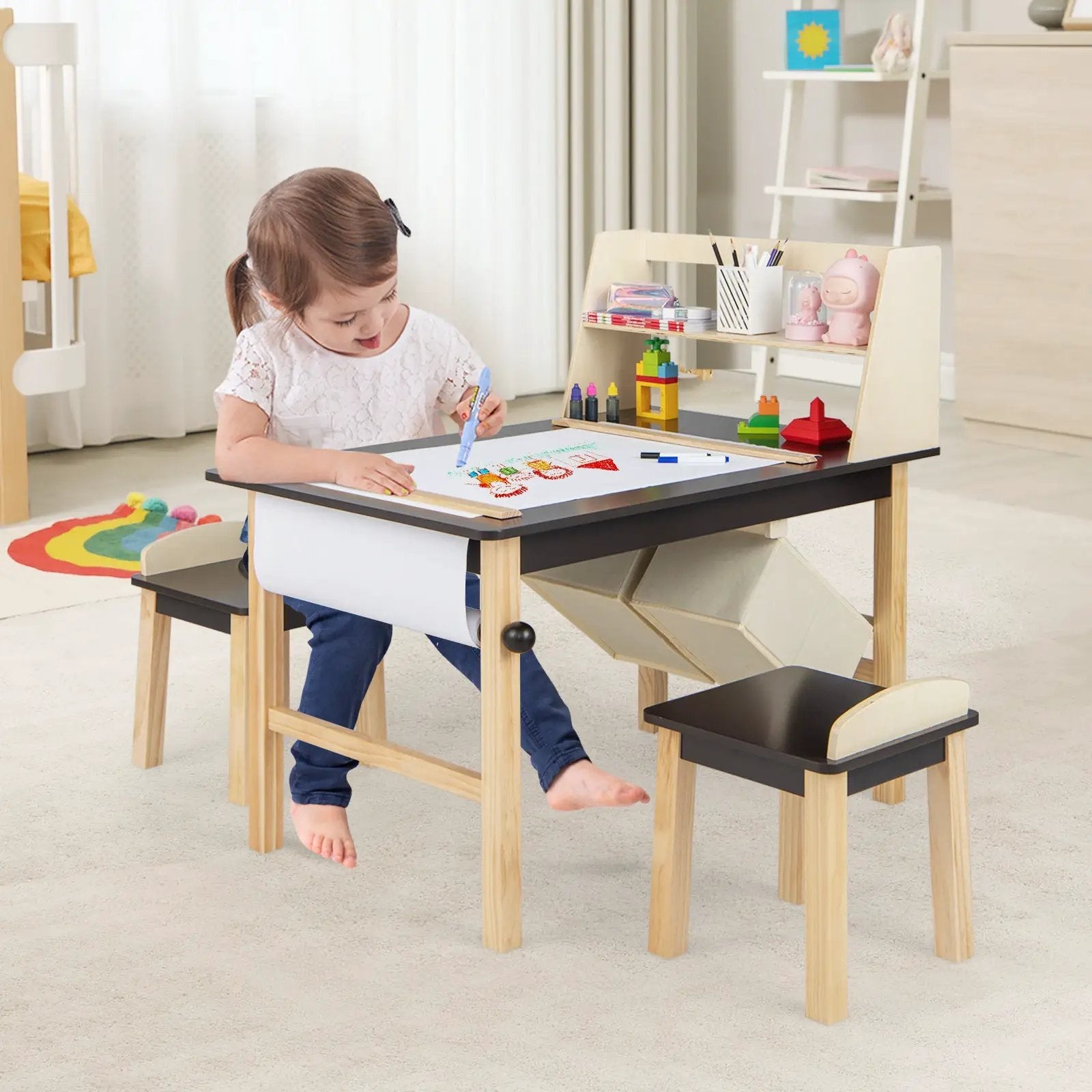 Kids Art Table and Chairs Set with Paper Roll and Storage Bins-Coffee by DirectDeals