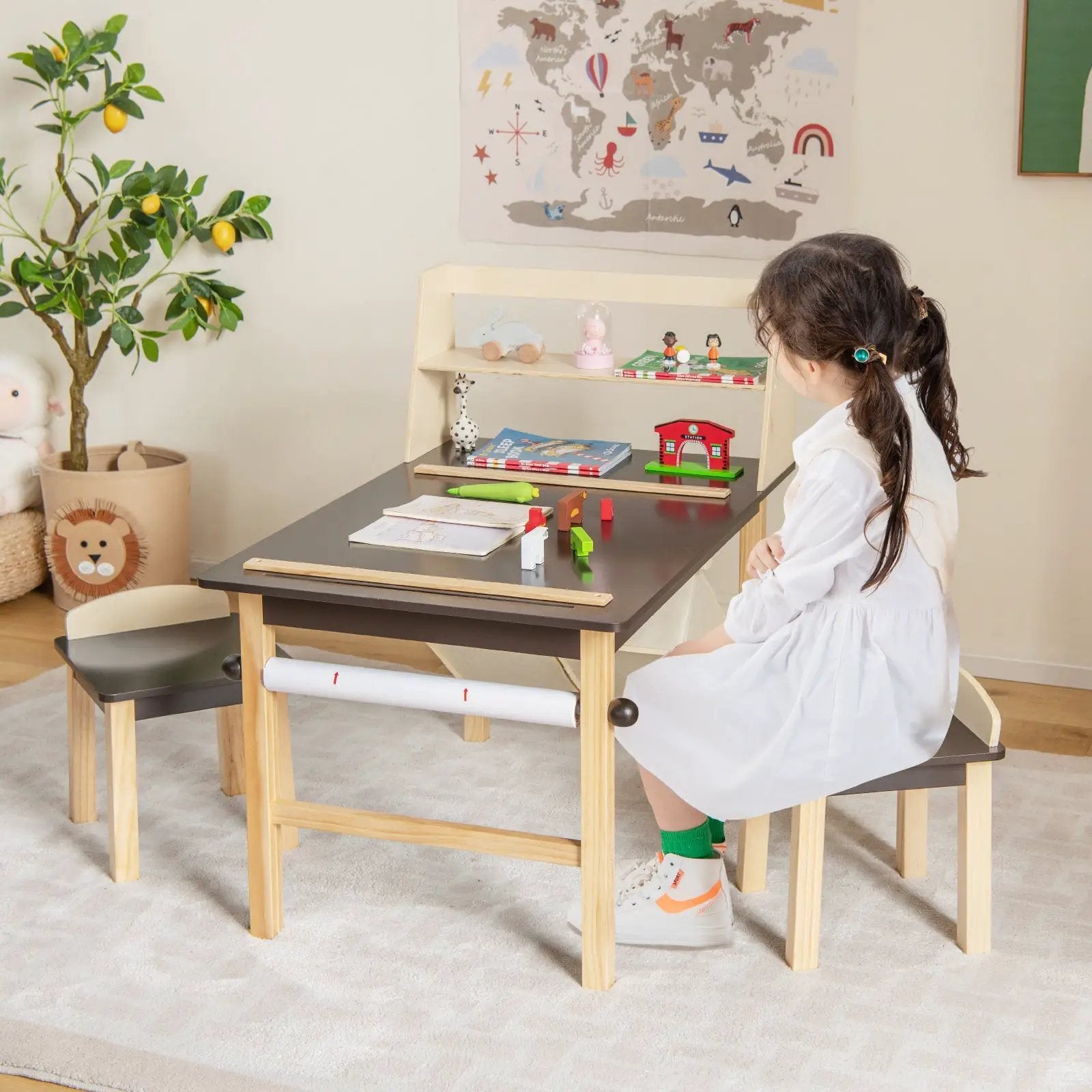 Kids Art Table and Chairs Set with Paper Roll and Storage Bins-Coffee by DirectDeals