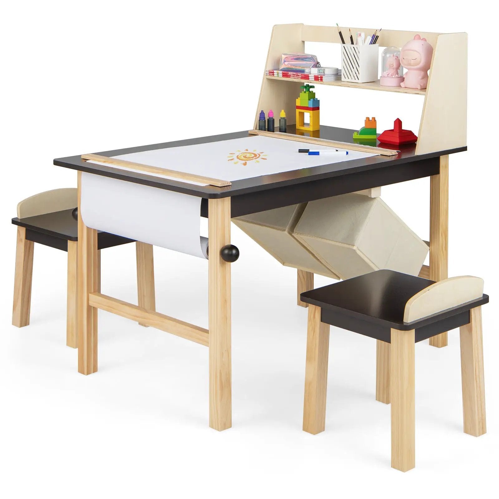 Kids Art Table and Chairs Set with Paper Roll and Storage Bins-Coffee by DirectDeals