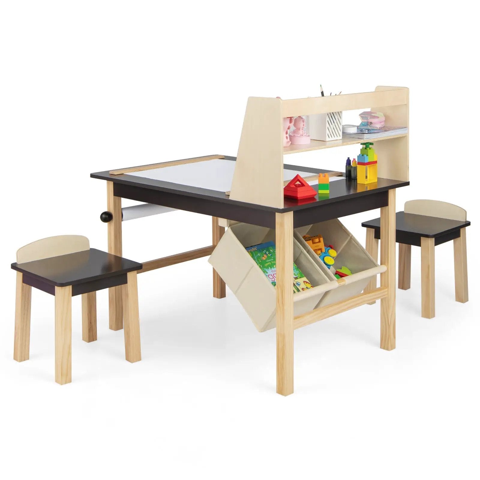Kids Art Table and Chairs Set with Paper Roll and Storage Bins-Coffee by DirectDeals