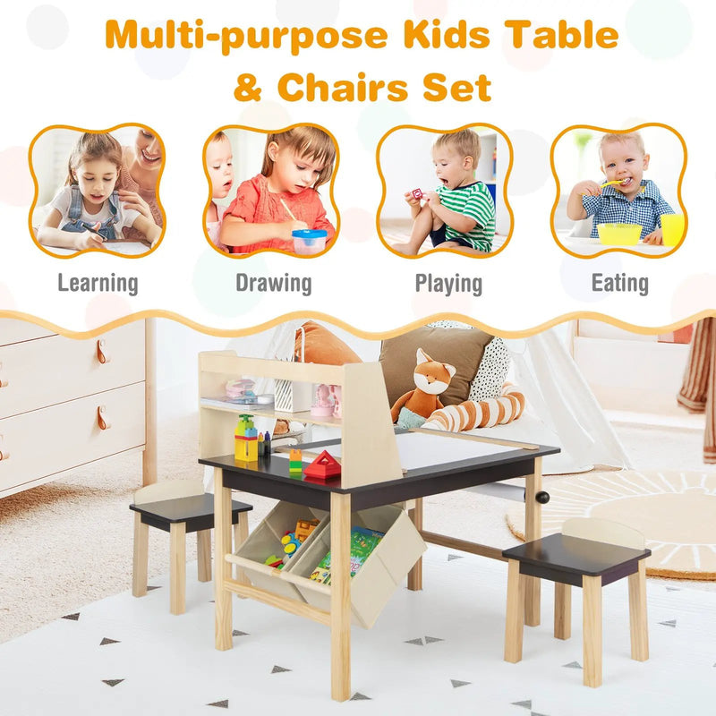 Kids Art Table and Chairs Set with Paper Roll and Storage Bins-Coffee by DirectDeals