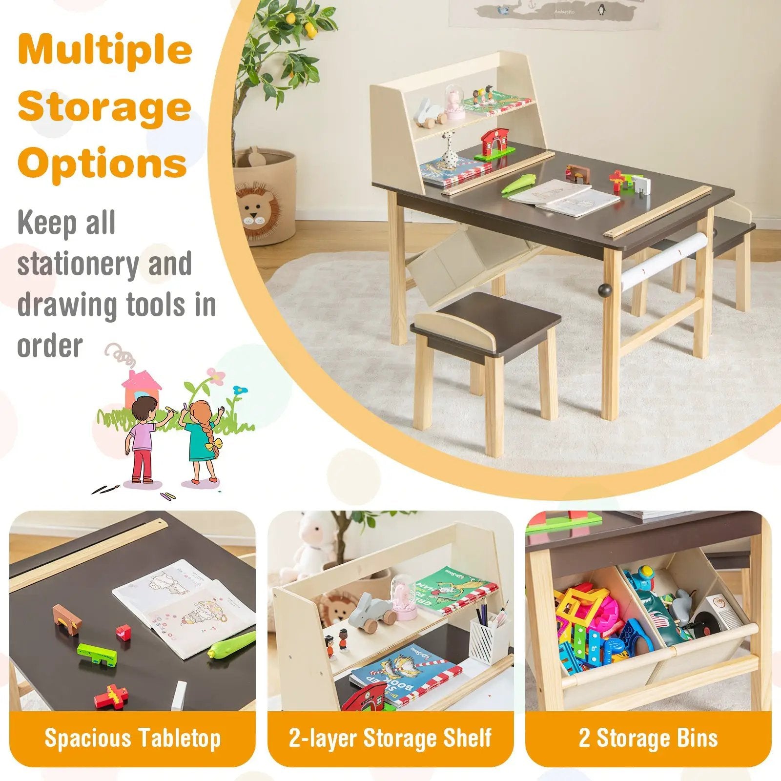 Kids Art Table and Chairs Set with Paper Roll and Storage Bins-Coffee by DirectDeals