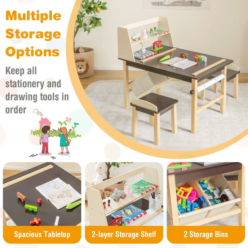 Kids Art Table and Chairs Set with Paper Roll and Storage Bins-Coffee by DirectDeals