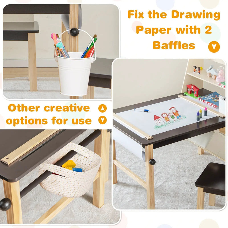 Kids Art Table and Chairs Set with Paper Roll and Storage Bins-Coffee by DirectDeals