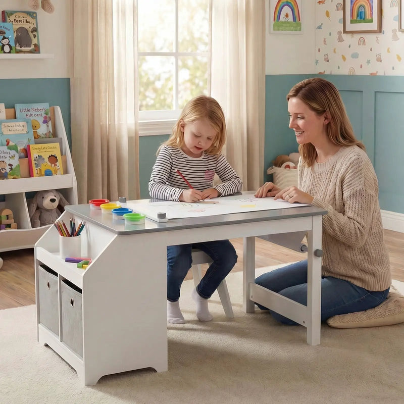 Kids Art Table and Stool Set Toddler Activity Desk with Paper Roll and 4 Paint Cups for Drawing Learning-Gray by DirectDeals