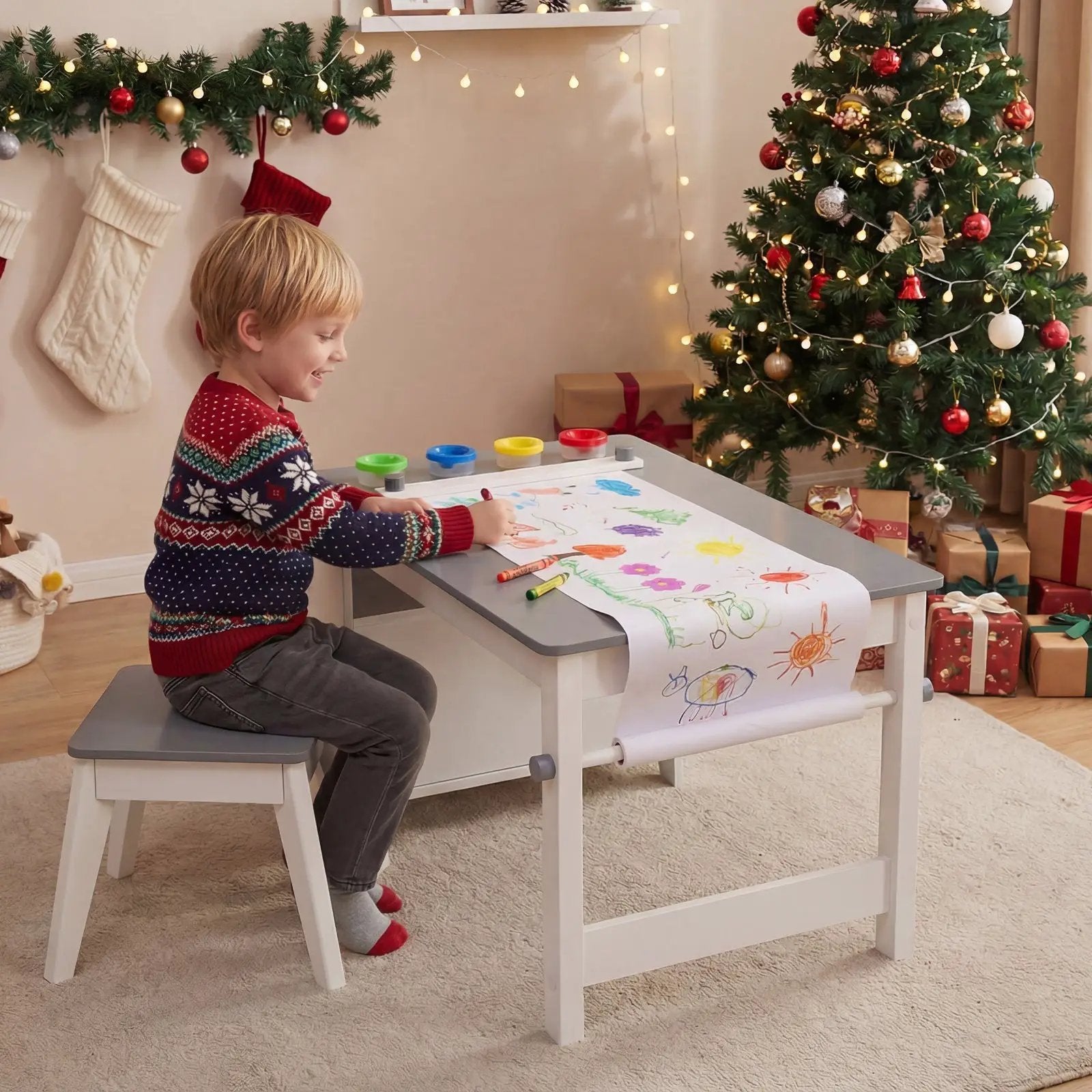 Kids Art Table and Stool Set Toddler Activity Desk with Paper Roll and 4 Paint Cups for Drawing Learning-Gray by DirectDeals