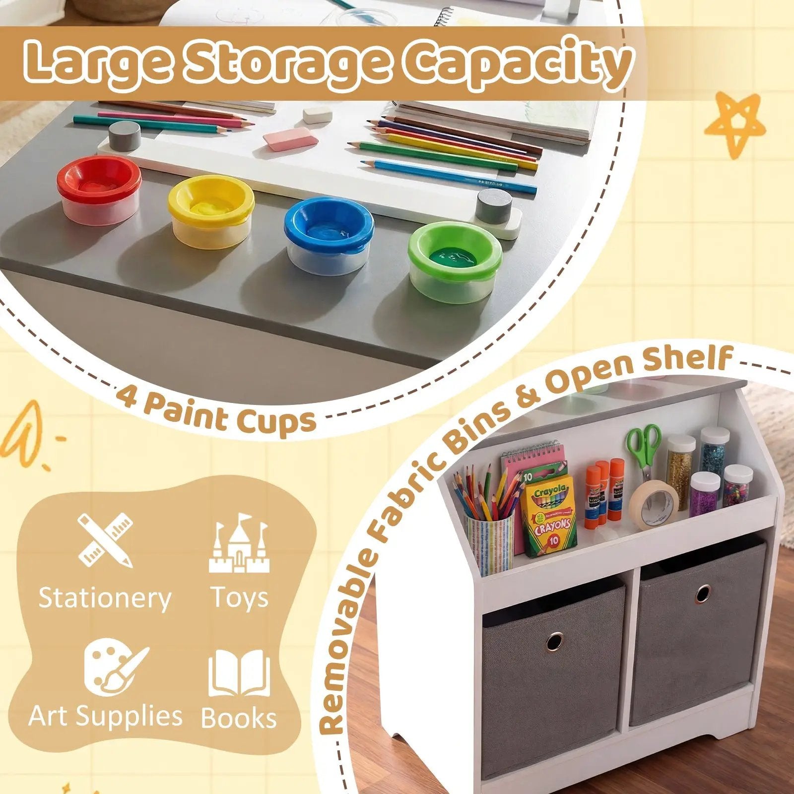 Kids Art Table and Stool Set Toddler Activity Desk with Paper Roll and 4 Paint Cups for Drawing Learning-Gray by DirectDeals