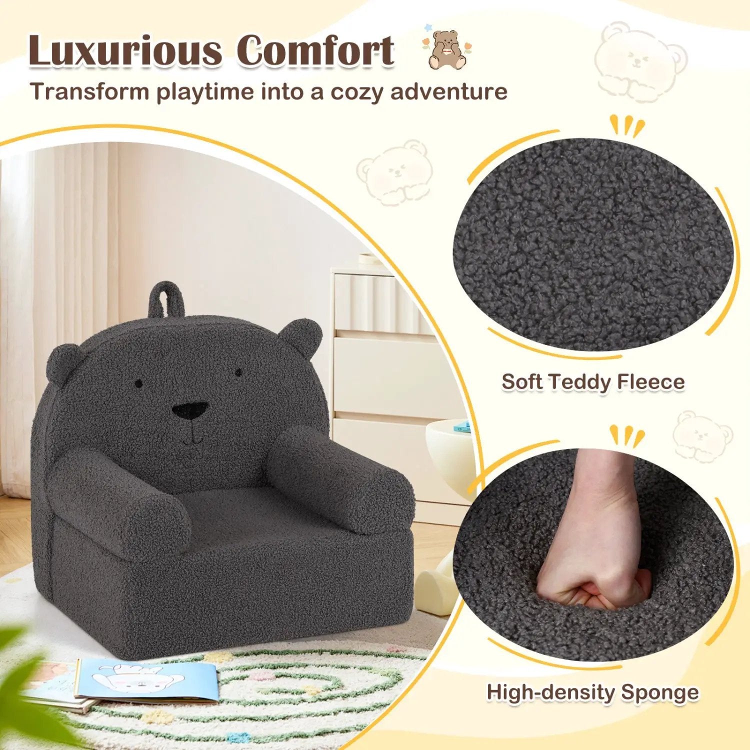 Kids Bear Sofa Toddler Foam Couch with Soft Fleece Fabric Cover by DirectDeals