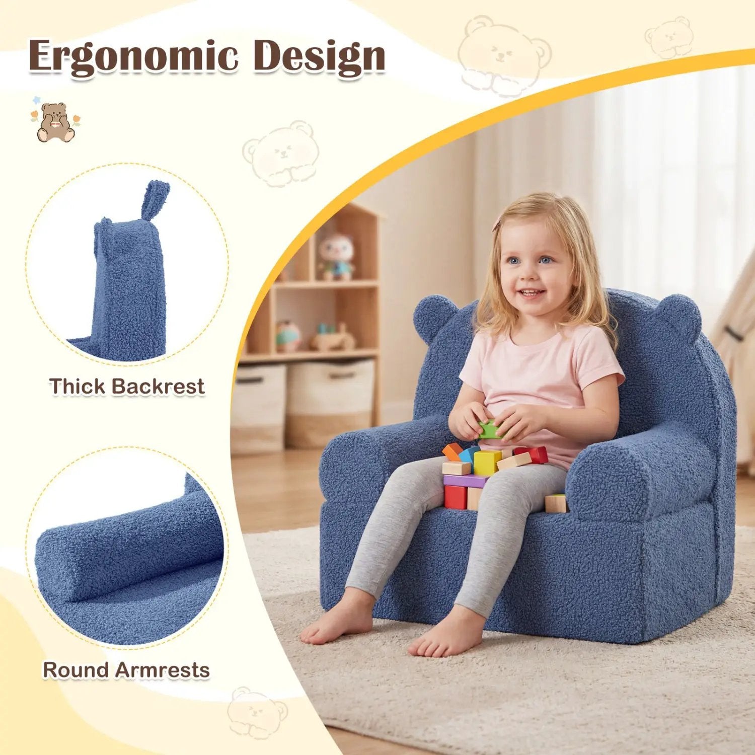 Kids Bear Sofa Toddler Foam Couch with Soft Fleece Fabric Cover by DirectDeals