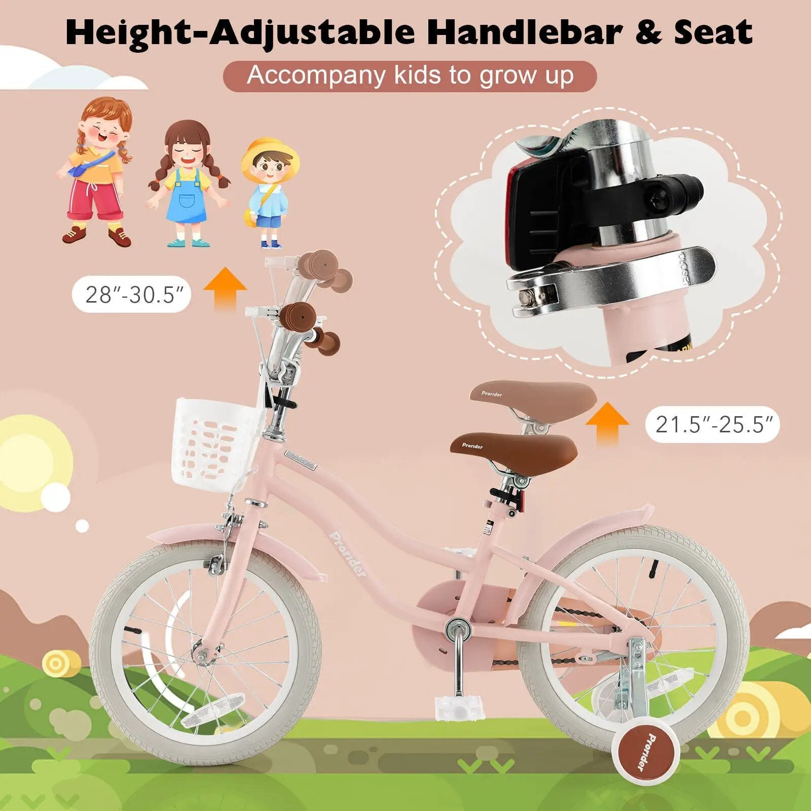 16 Inch Kids Bike with Front Handbrake and 2 Training Wheels-Pink by DirectDeals