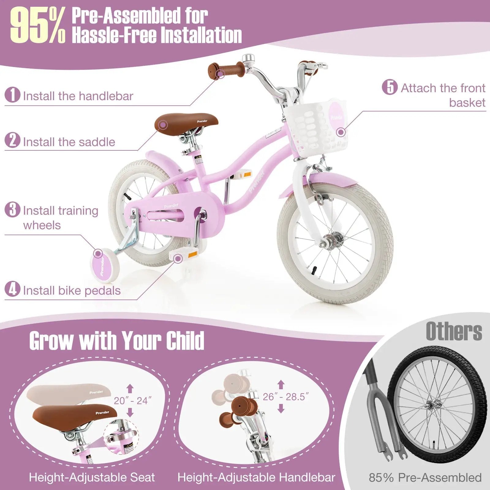 14 Inch Kid's Bike with Removable Training Wheels and Basket-Purple by DirectDeals