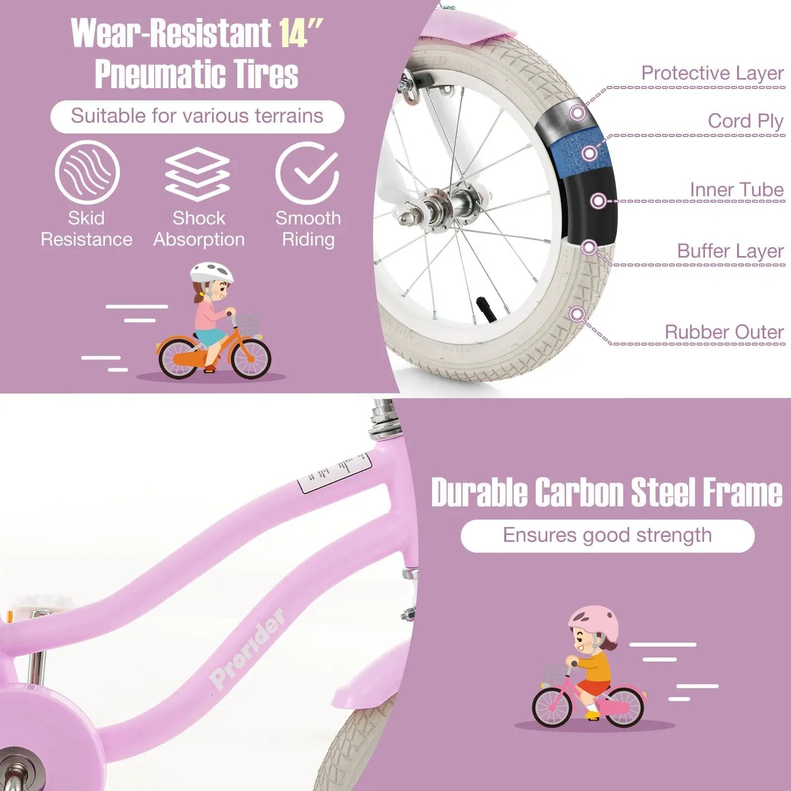 14 Inch Kid's Bike with Removable Training Wheels and Basket-Purple by DirectDeals