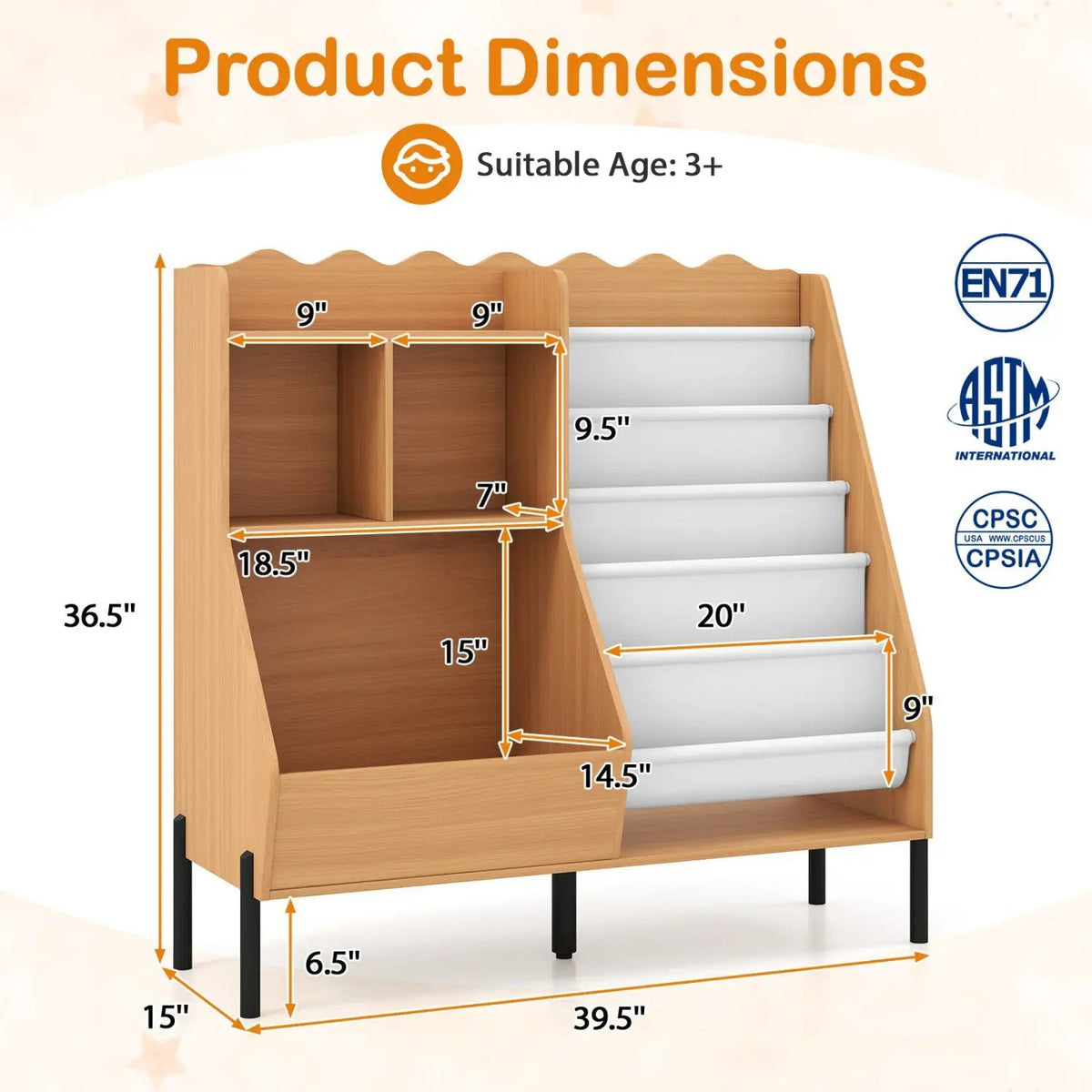 Kids Bookshelf and Toy Storage Organizer with 5 Fabric Pockets by DirectDeals
