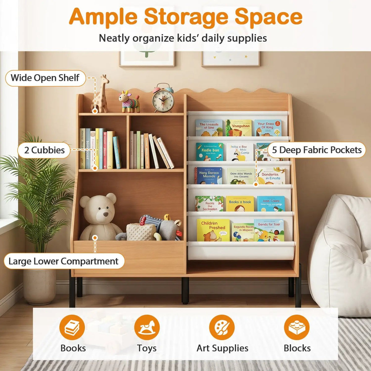 Kids Bookshelf and Toy Storage Organizer with 5 Fabric Pockets by DirectDeals