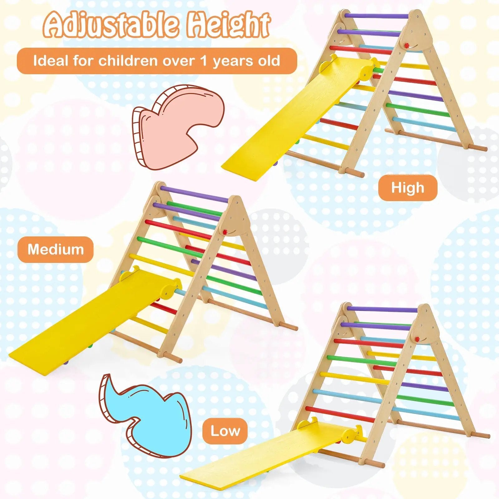 Kids Climbing Triangle Set with Adjustable and Reversible Ramp-Multicolor by DirectDeals