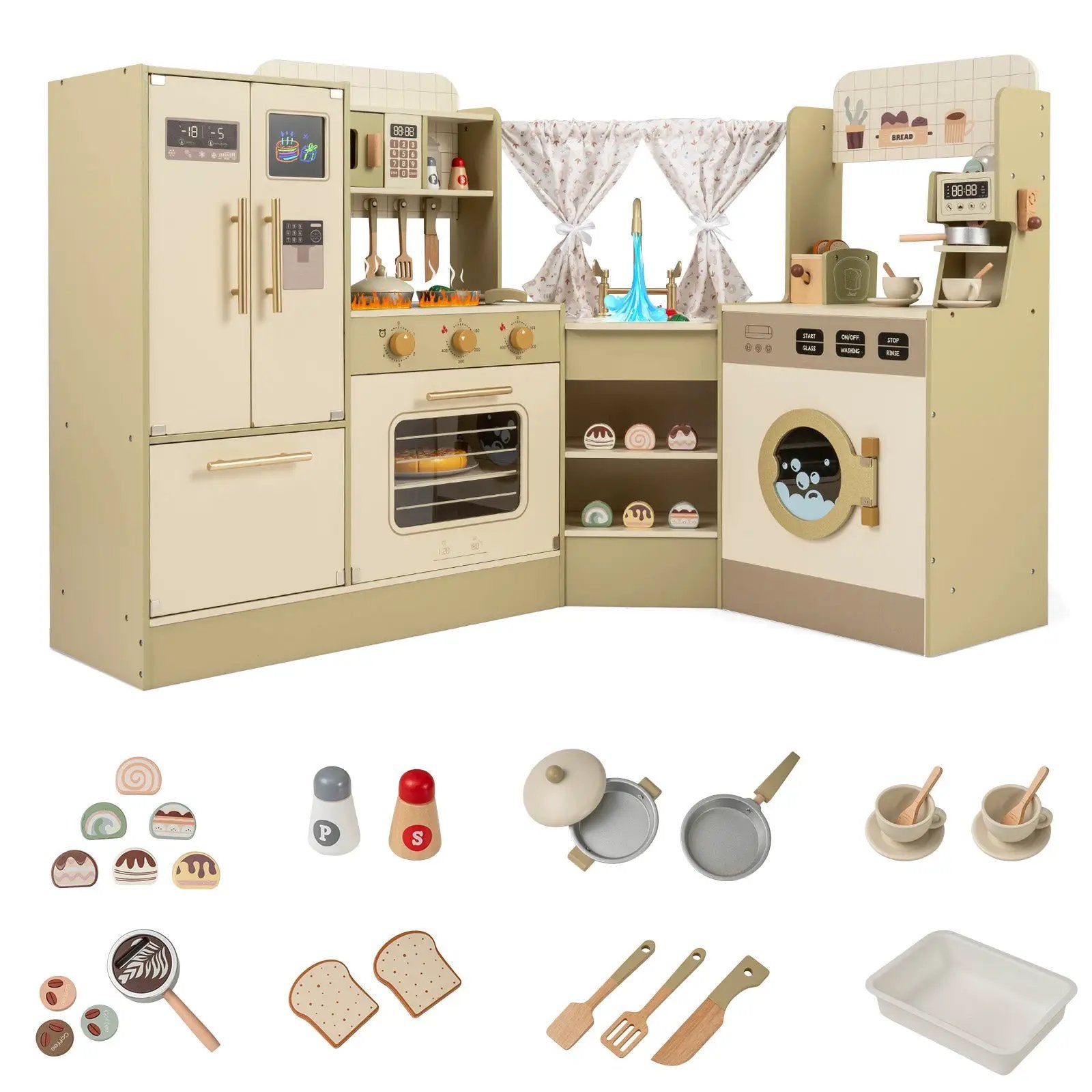 Kids Corner Play Kitchen with Faucet and Dishwasher and Stoves-Green by DirectDeals