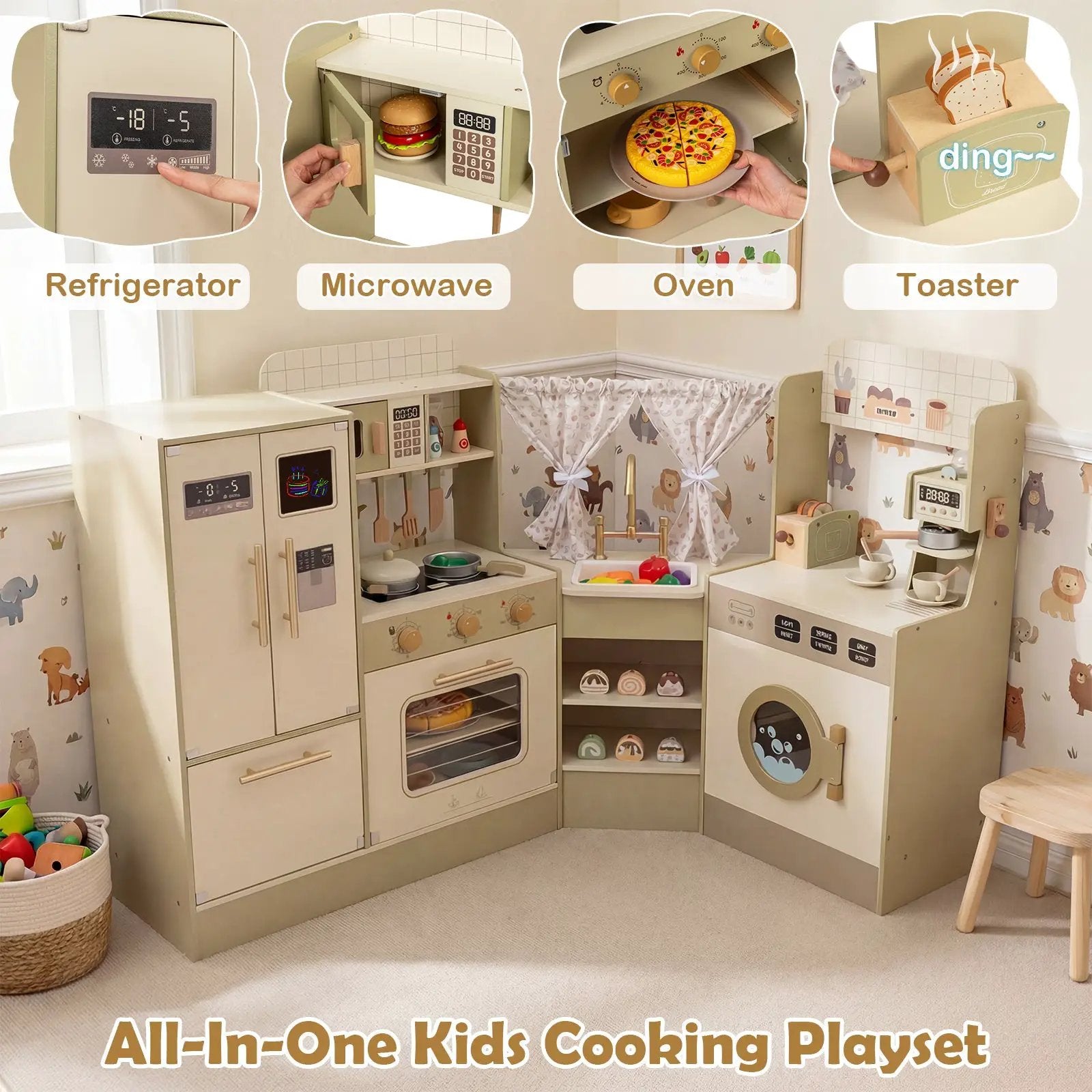 Kids Corner Play Kitchen with Faucet and Dishwasher and Stoves-Green by DirectDeals