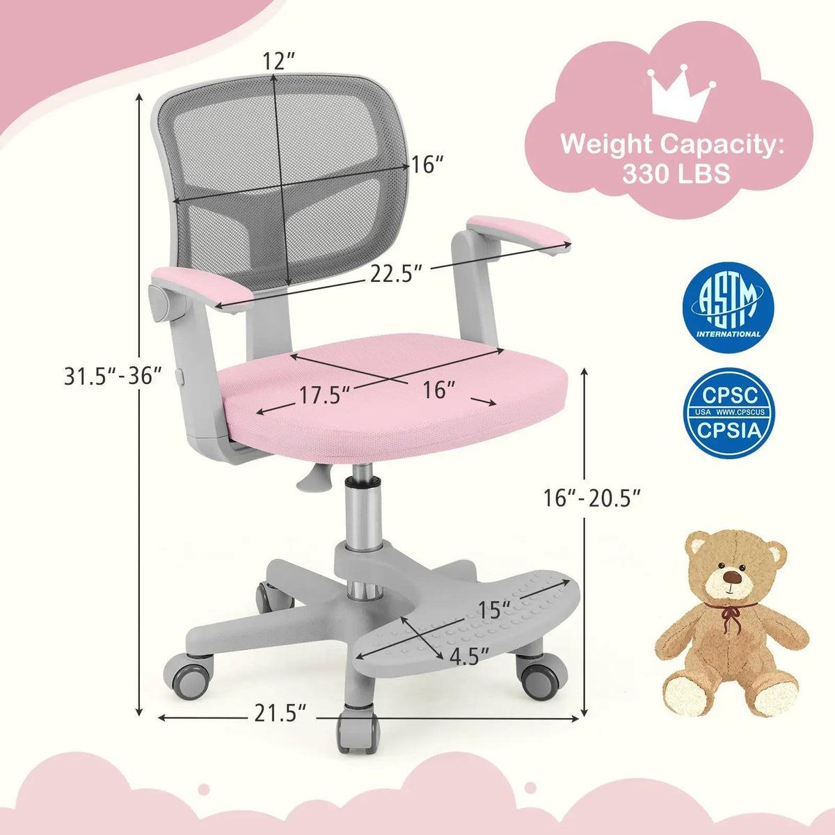 Kids Desk Chair Children Study Chair with Adjustable Height Armrest and Footrest, photo 16 of 40