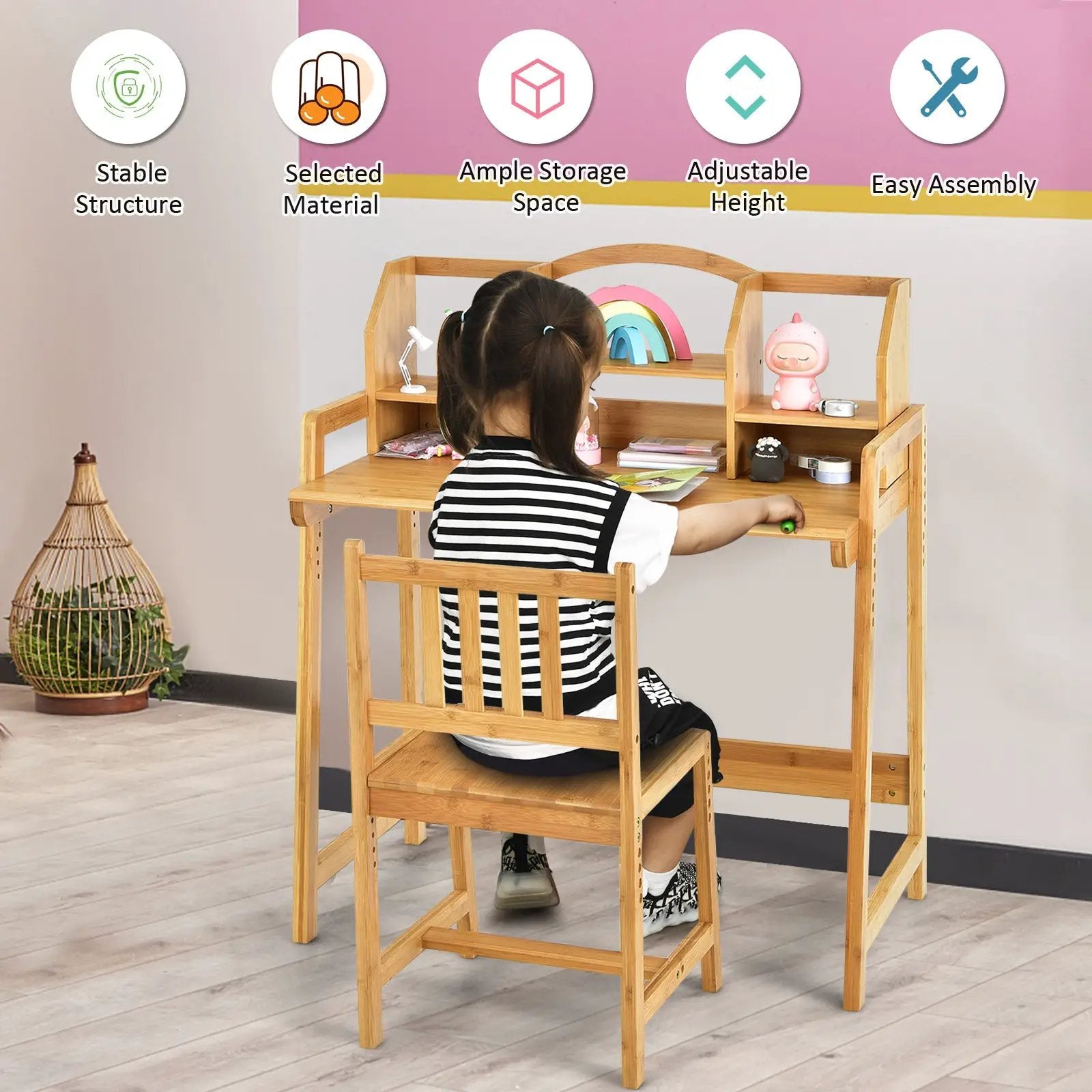 Bamboo Kids Study Desk and Chair Set with Bookshelf by DirectDeals